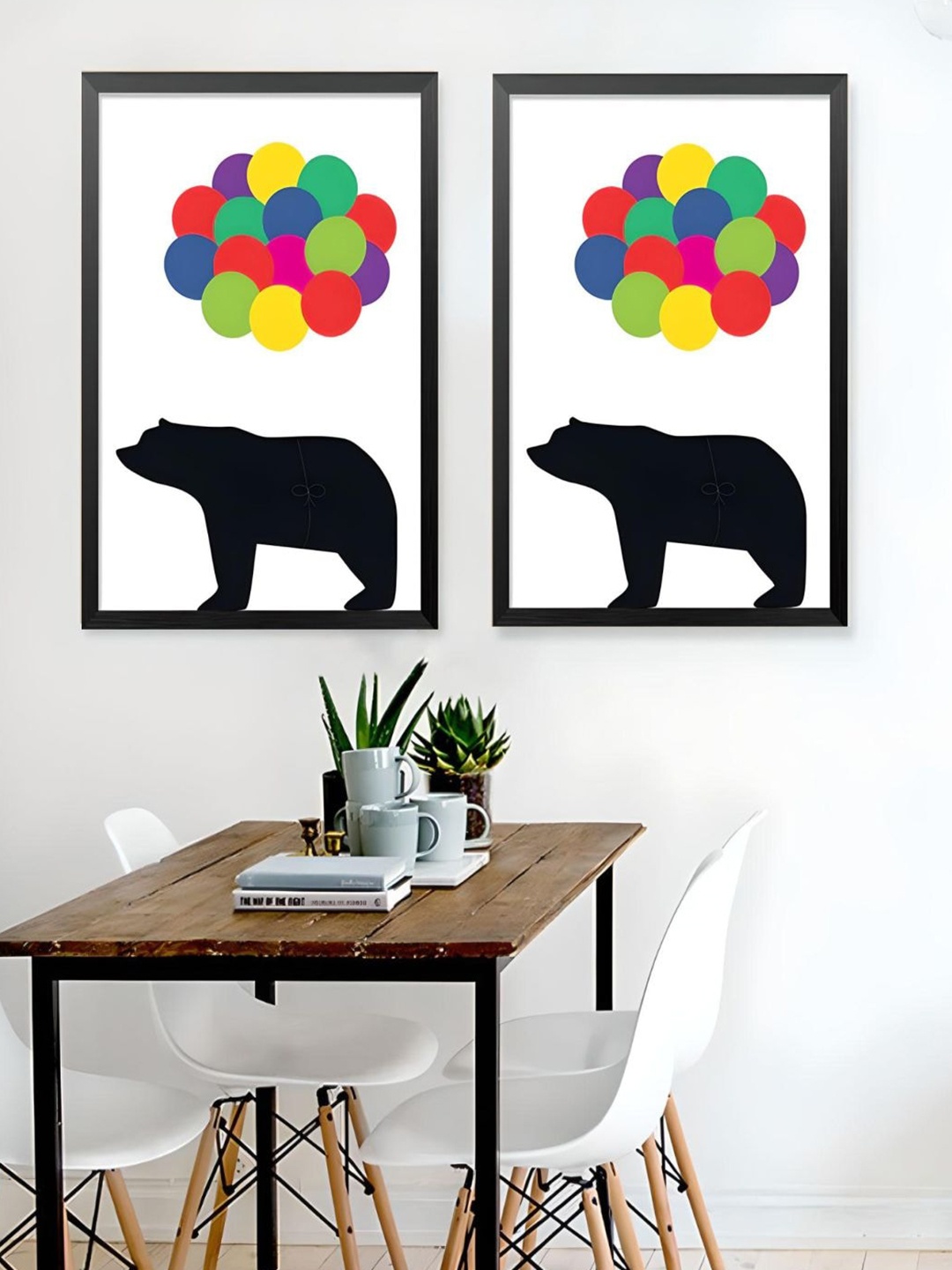 

THE HANDMADE FLAIR Off White & Black 2 Pcs Family of Bears Cute Animal Painting Wall Art