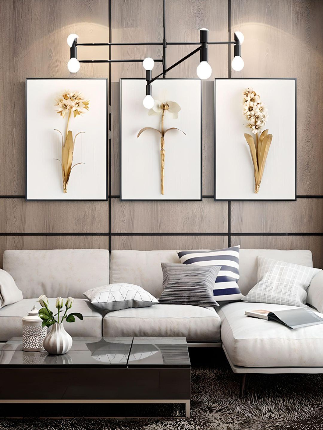 THE HANDMADE FLAIR Gold Toned & White 3 Pieces Flowers Wall Art