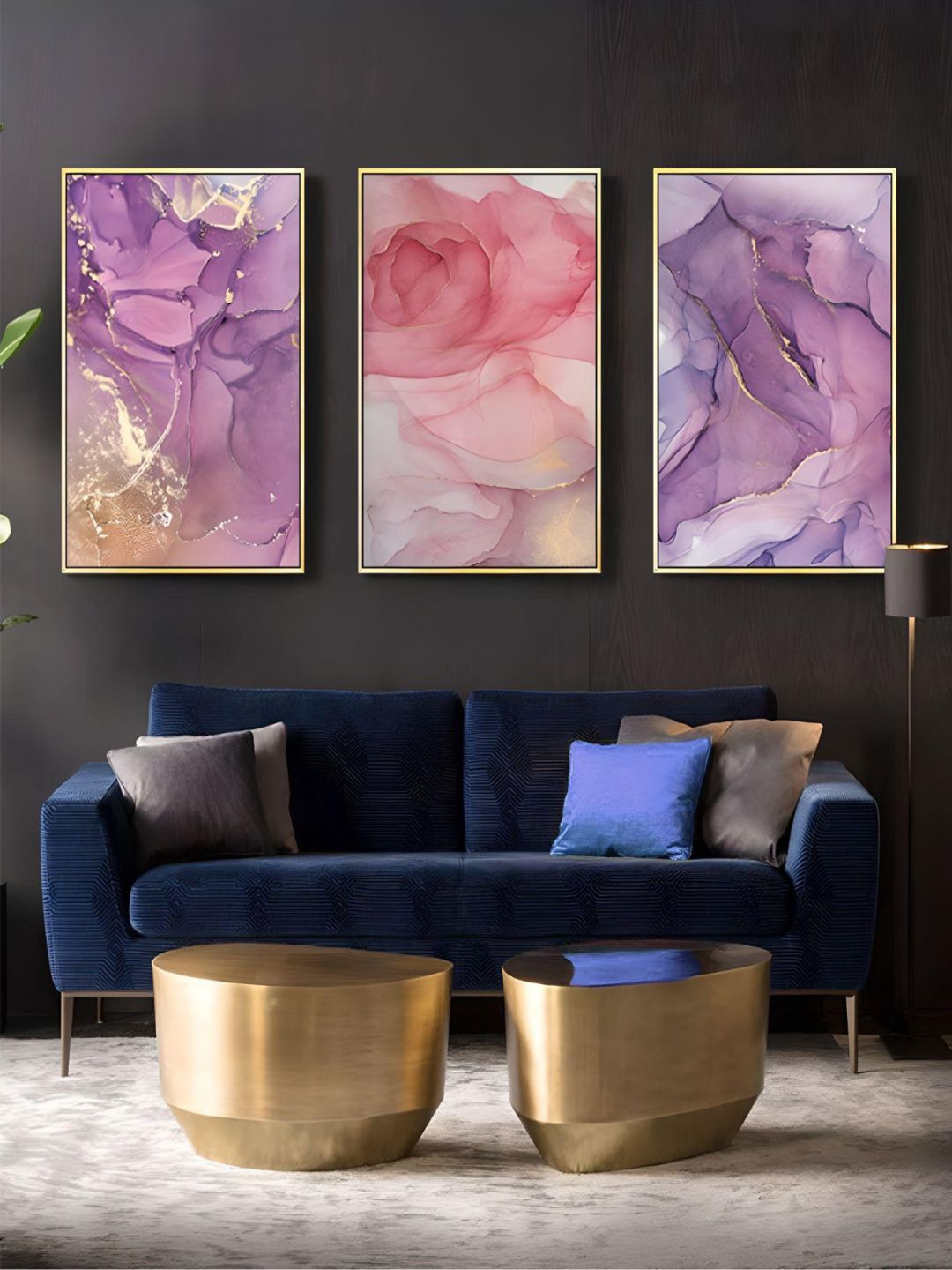 

THE HANDMADE FLAIR Pink & Lavender 3 Pieces Rose Marble Wall Art