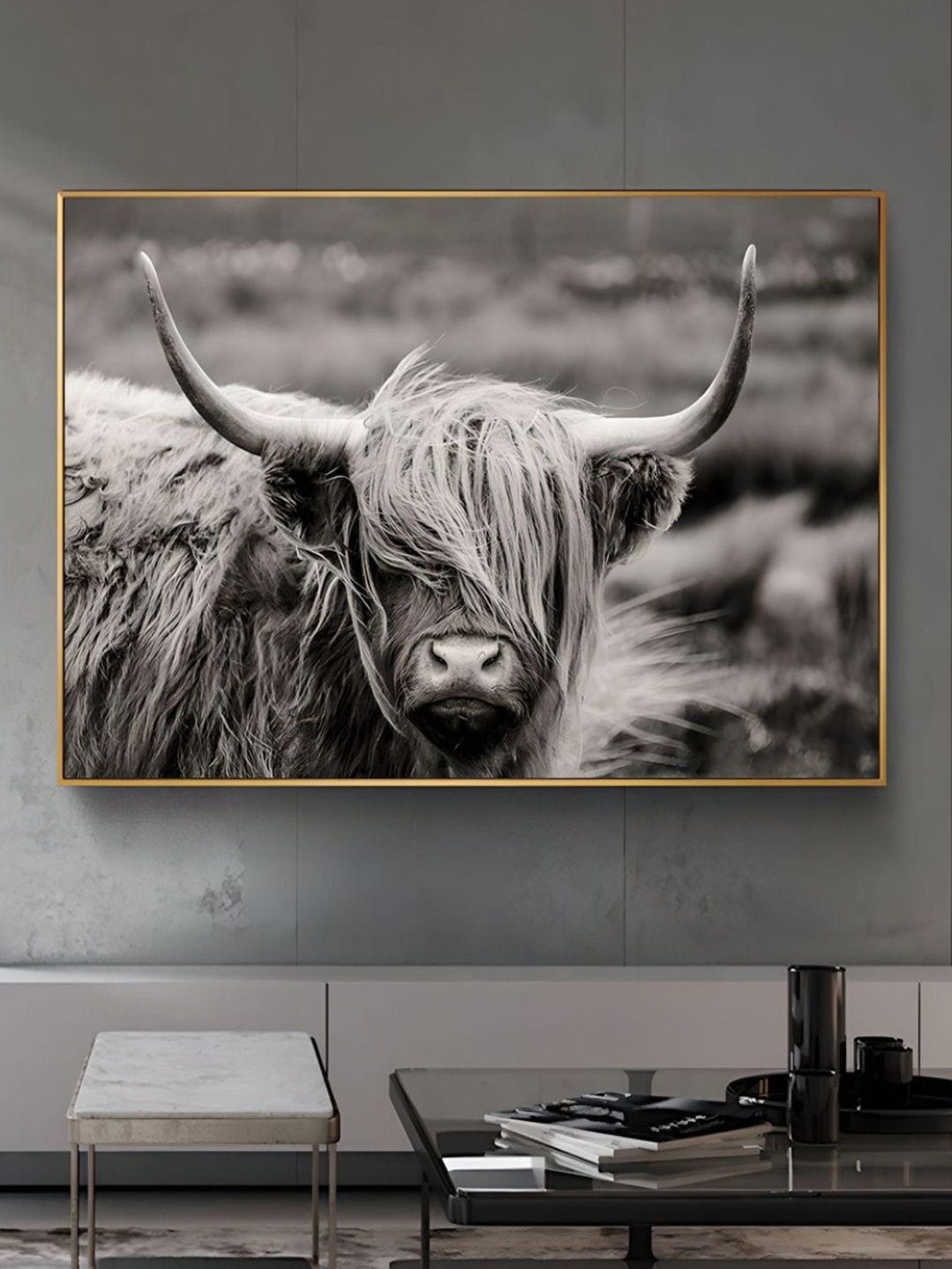 

THE HANDMADE FLAIR Black Scottish Highland Cattle Printed Framed Canvas Wall Art, White