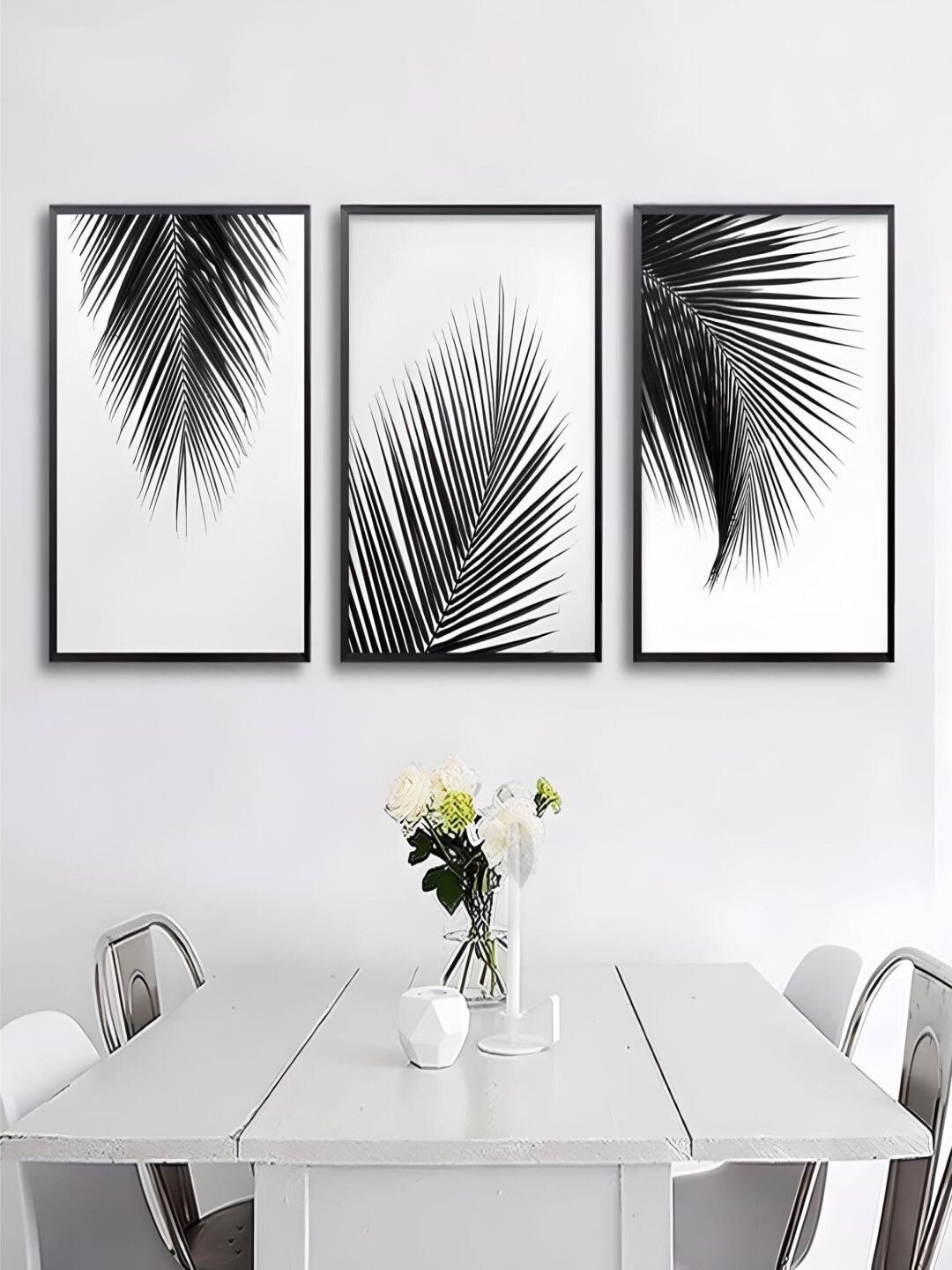

THE HANDMADE FLAIR Black & White 3 Pieces Palm Leaves Simple Minimalist Wall Art