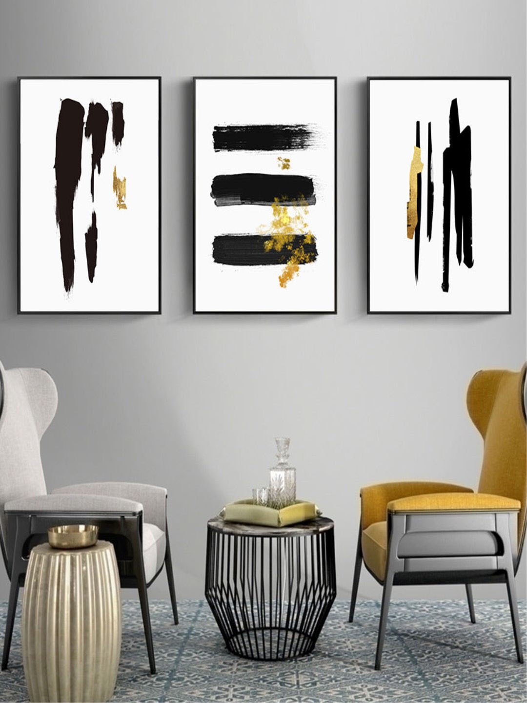 

THE HANDMADE FLAIR Black Gold 2-Pieces Brush Stroke Printed Framed Canvas Wall Art, Off white