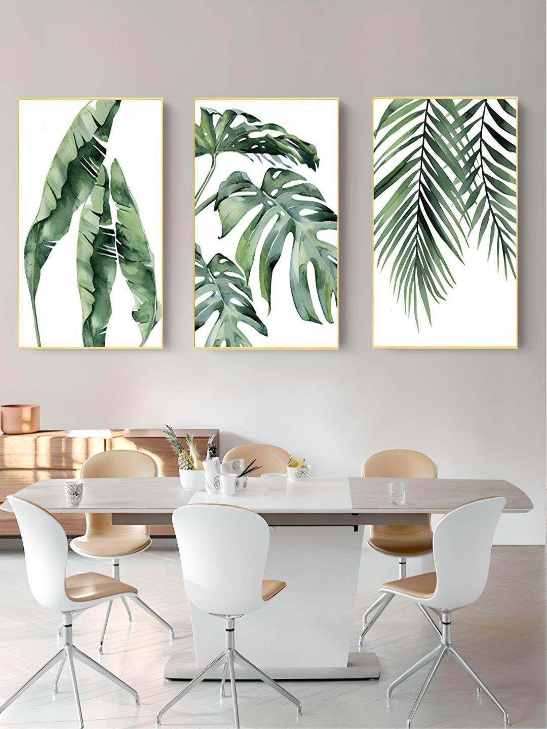 

THE HANDMADE FLAIR Off White & Green 3 Pieces Tropical Leaves Watercolor House Plants Arts