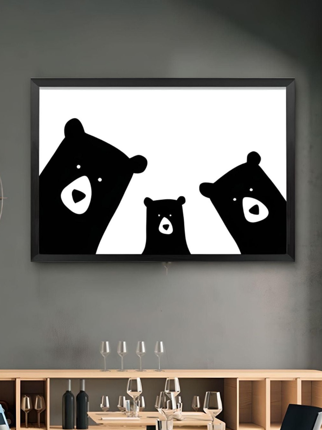 

THE HANDMADE FLAIR Family of Bears Cute Animal UV Coating Painting Wall Art, Black