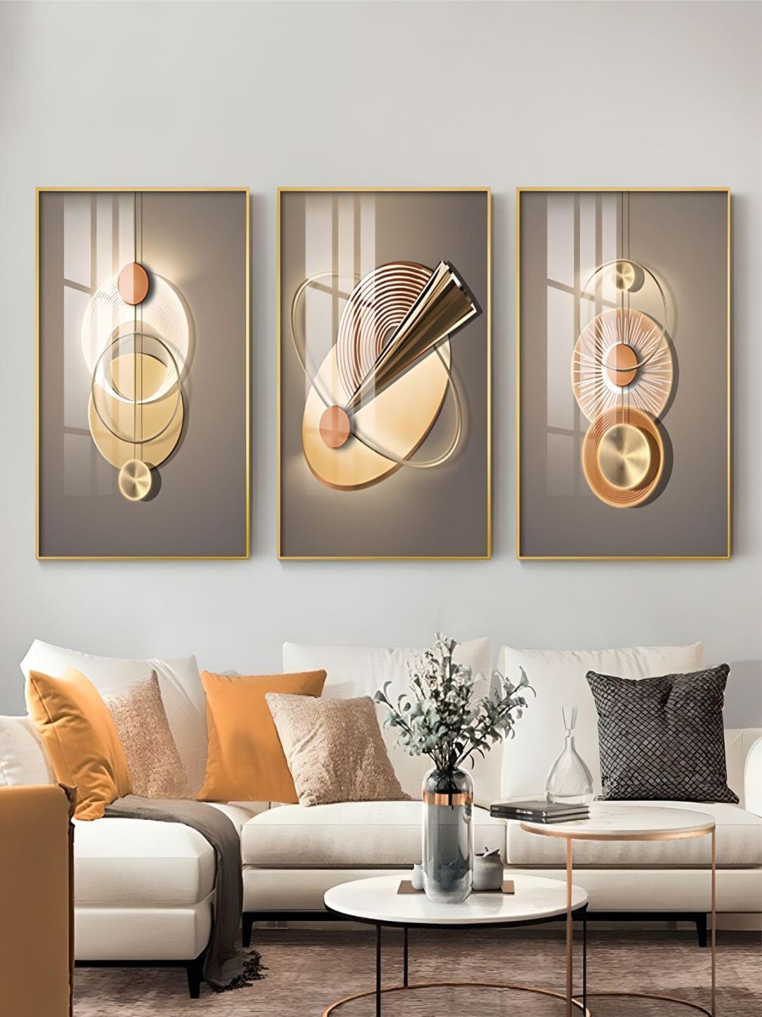 

THE HANDMADE FLAIR Grey & Gold Toned 3 Pieces Neutral Chic Aesthetics Sun Moon Wall Art