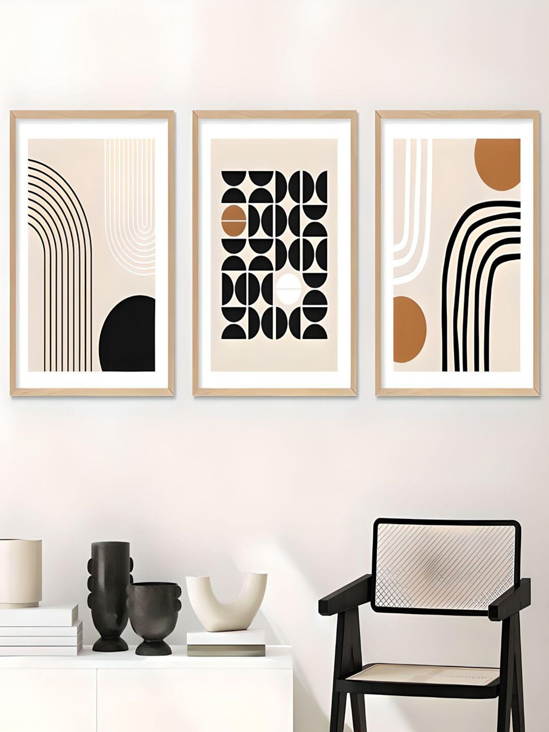 

THE HANDMADE FLAIR Beige & Black 3 Pieces Geometric Line Shape & Form Printed Wall Arts