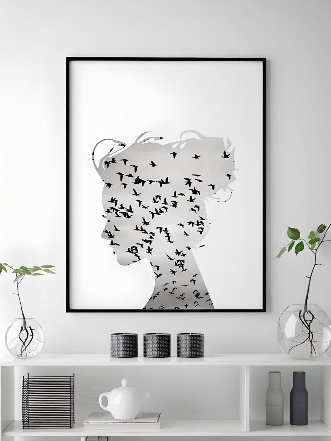 

THE HANDMADE FLAIR White & Birds Flying Silhouette Of Girl Poster Printed Wall Art