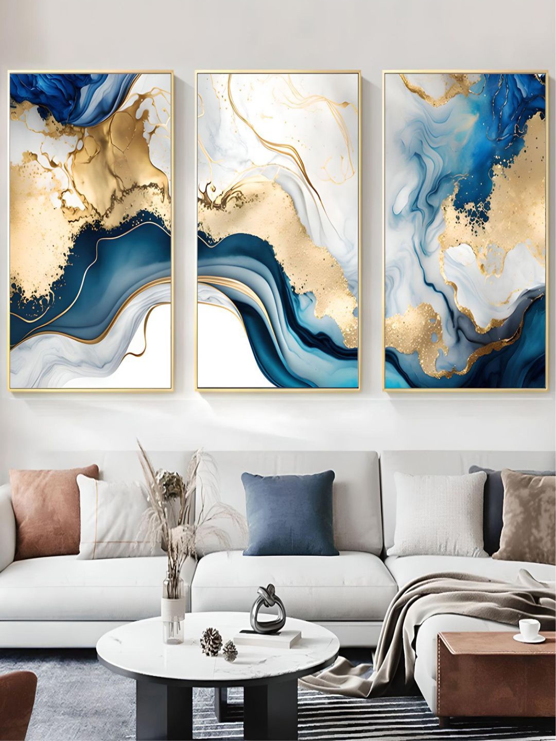 

THE HANDMADE FLAIR Blue & Beige 3 Pieces Marble Printed Wall Arts