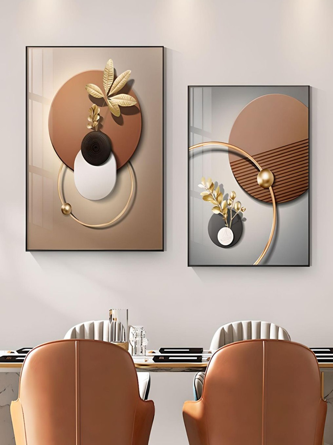 

THE HANDMADE FLAIR Grey & Brown 2 Pieces Abstract Elements Bohemian Botanical Wall Art