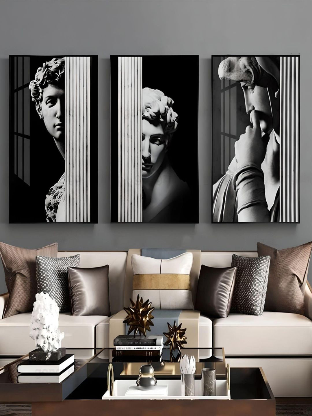 

THE HANDMADE FLAIR Black & Grey 3 Pieces Statue Of David Printed Wall Arts
