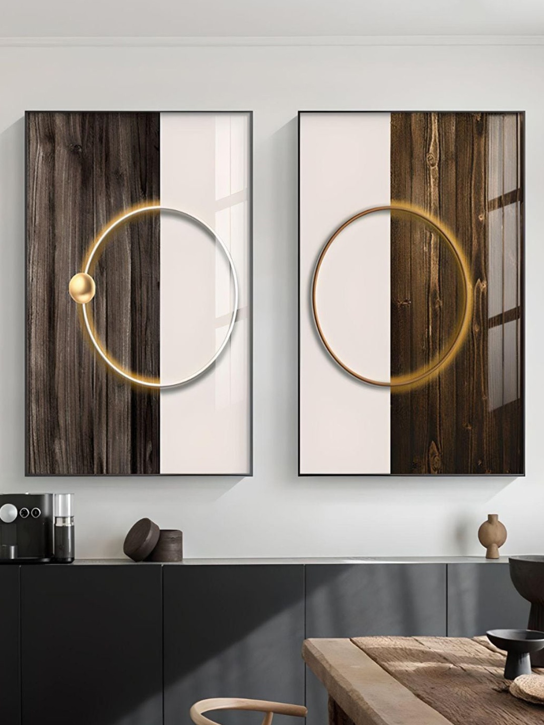 

THE HANDMADE FLAIR Brown & Beige 2 Pieces Ring Of Light Abstract Wall Arts