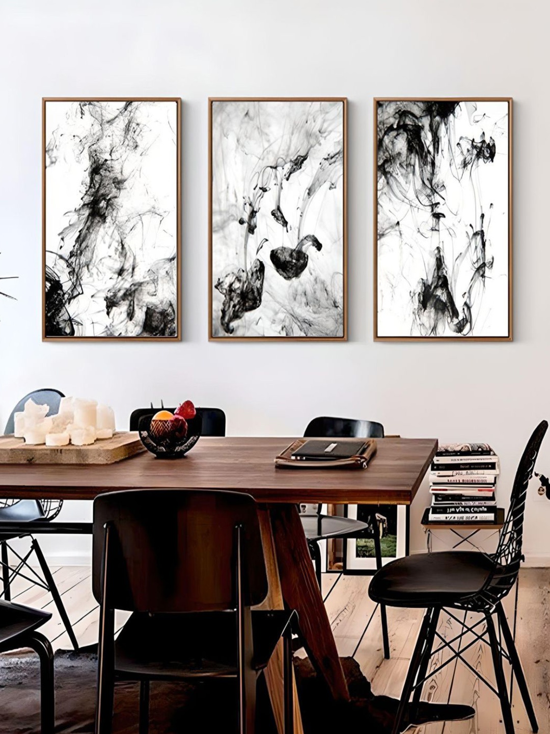 

THE HANDMADE FLAIR Black & White 3 Pieces Abstract Ink Printed Wall Arts