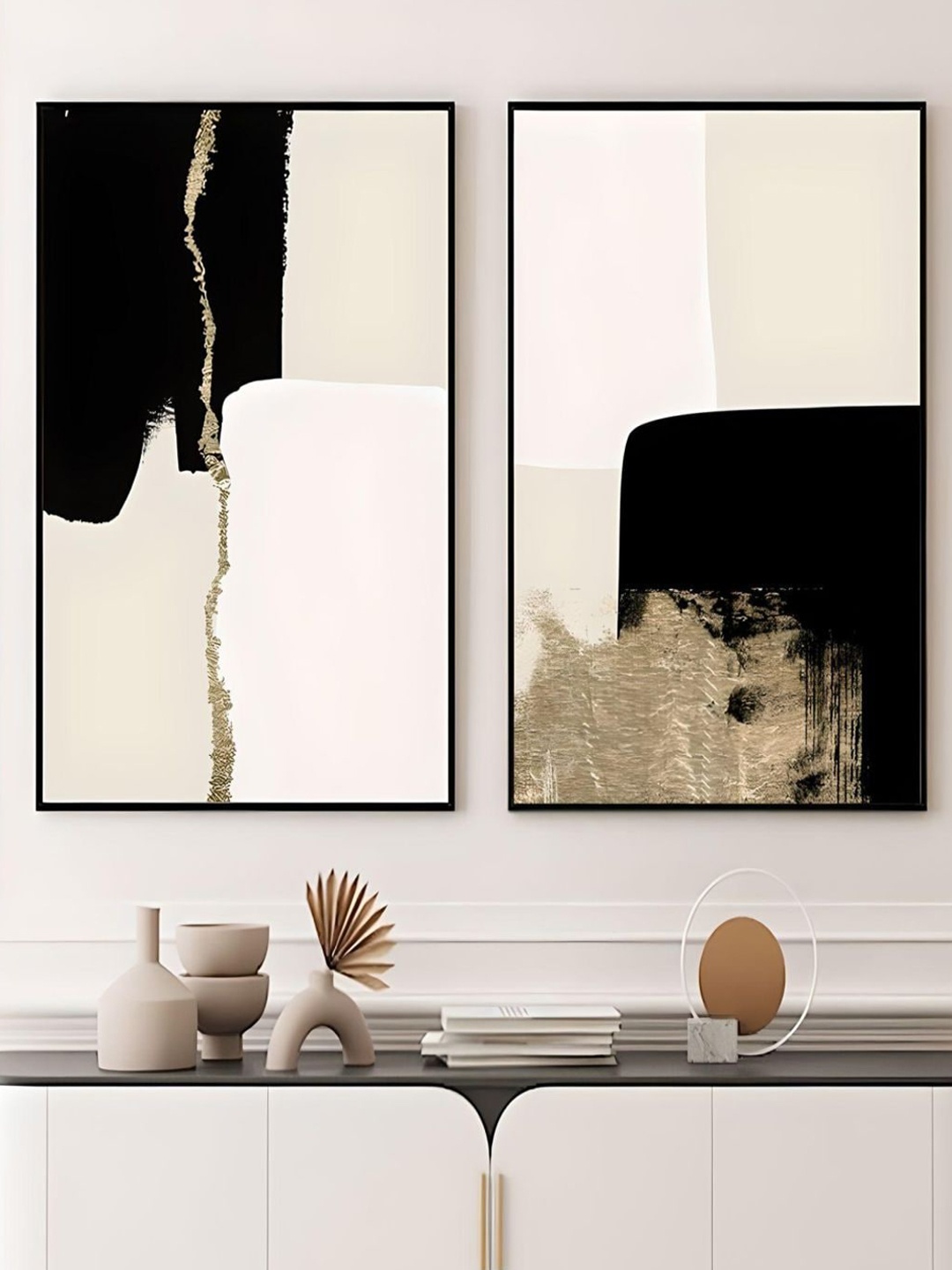 

THE HANDMADE FLAIR Black & Beige 2 Pieces Color Block Printed Wall Arts