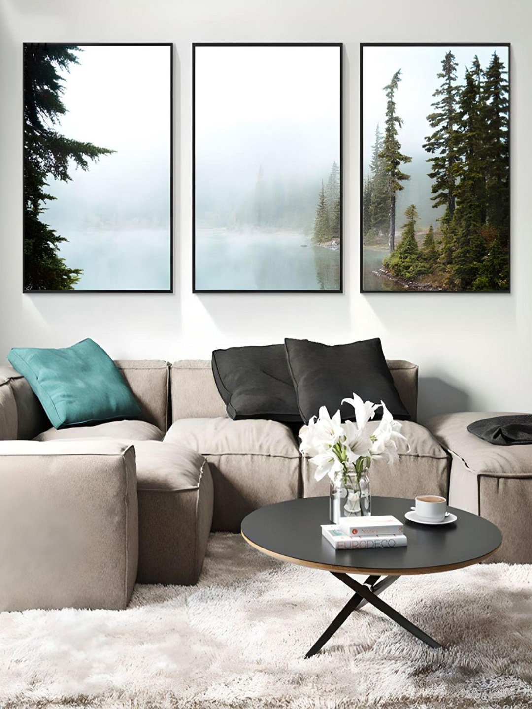 

THE HANDMADE FLAIR Grey 3 Pcs Misty Mountain LandscapePrinted Framed Wall Art