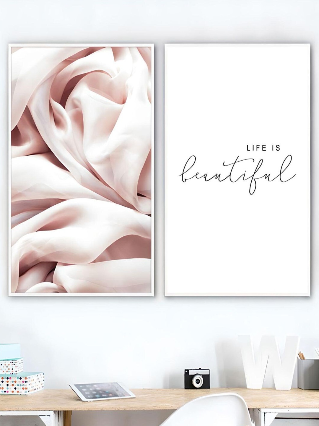 

THE HANDMADE FLAIR White & Pink 2 Pieces Abstract Printed Framed Wall Art