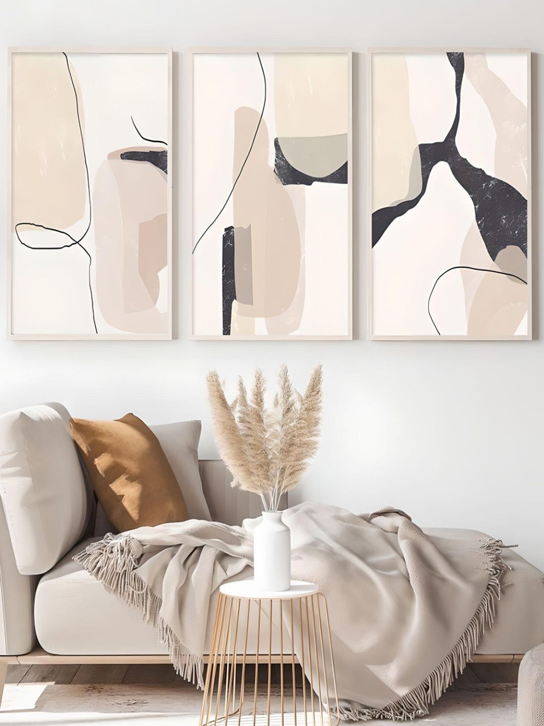 

THE HANDMADE FLAIR White 3 Pcs Natural Hues Neutral Color Modern Art Framed Wall Art