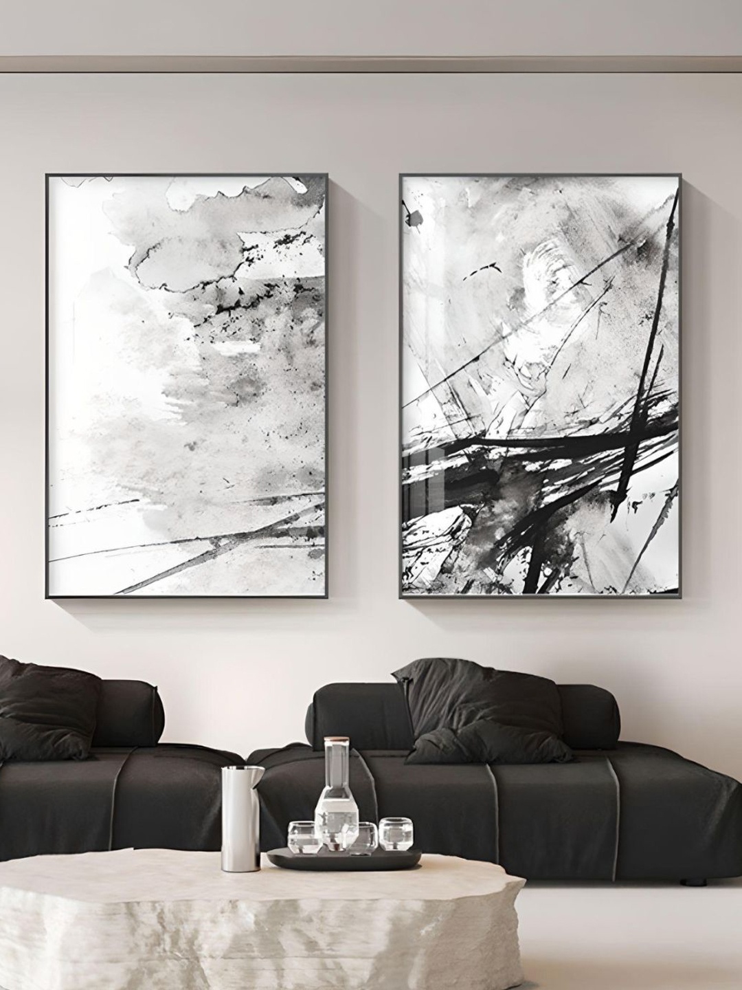 

THE HANDMADE FLAIR Black & White 2 Pieces Abstract Ink-Printed Framed Wall Arts