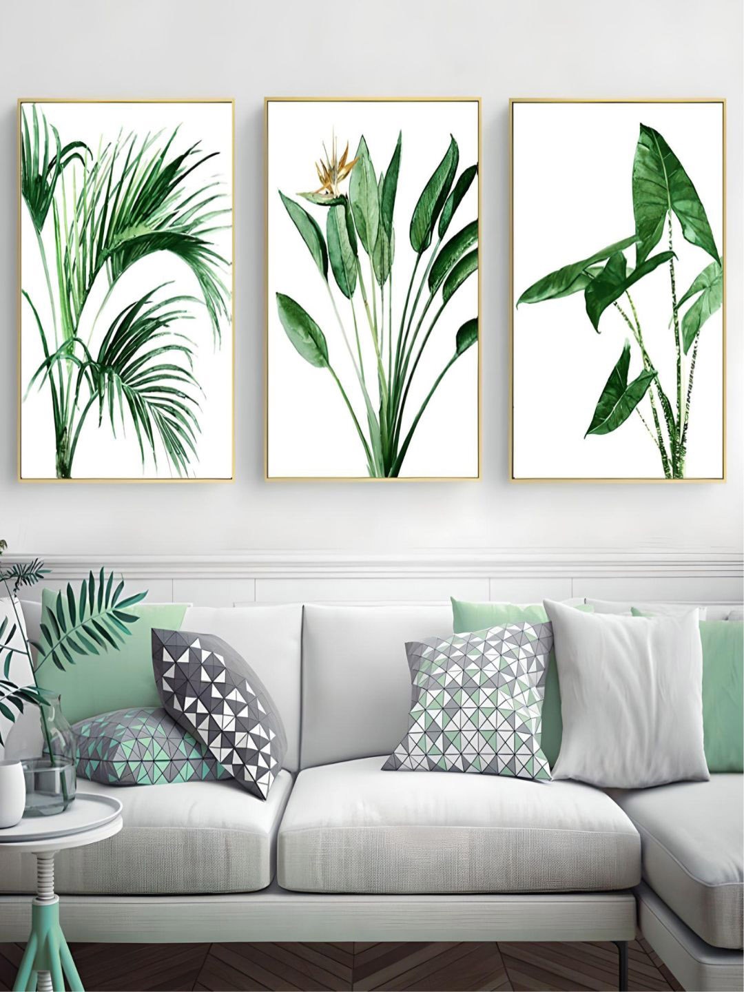 

THE HANDMADE FLAIR Green & White 3 Pieces Modern Scandinavian Framed Painting Wall Art