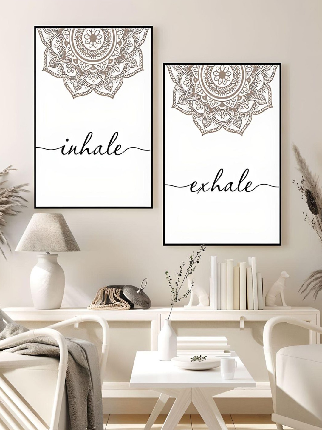 

THE HANDMADE FLAIR Off White 2-Pieces Floral Mandala Inhale Exhale Printed Canvas Wall Art