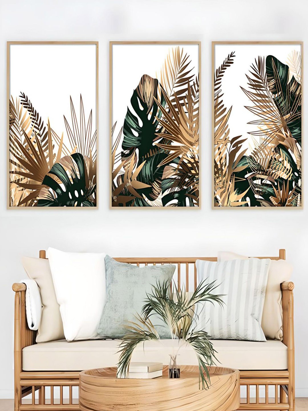 

THE HANDMADE FLAIR Brown & Green 3 Pieces Leaves-Printed Framed Wall Art