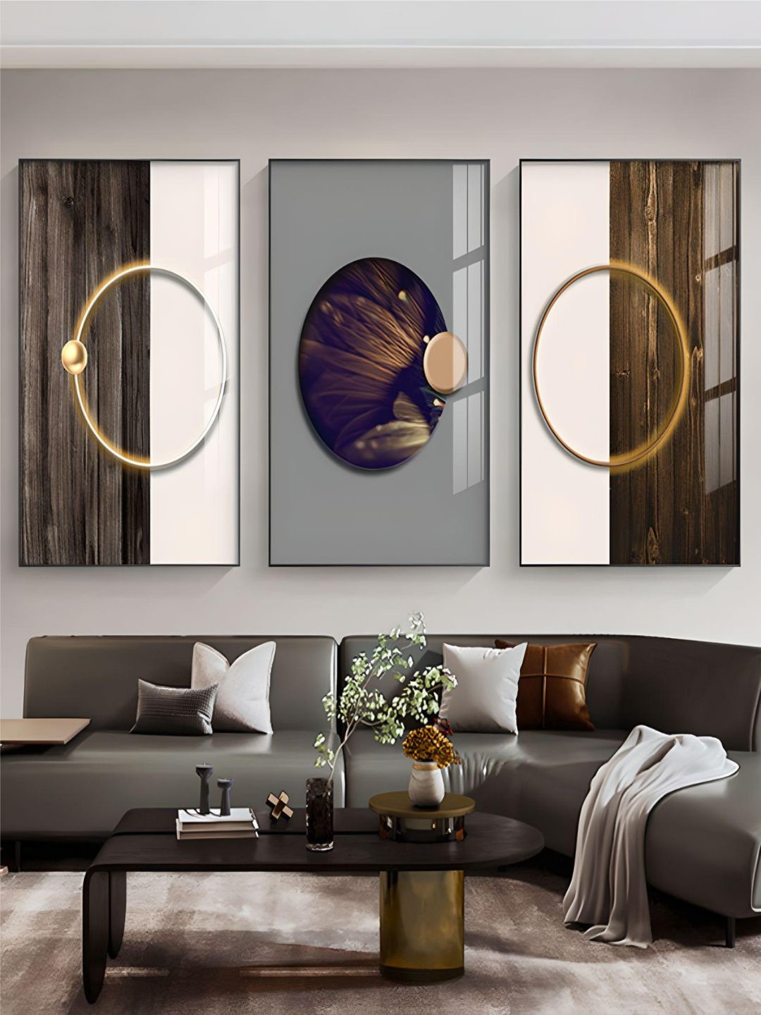 

THE HANDMADE FLAIR Brown 3 Pieces Abstract-Printed Framed Wall Art