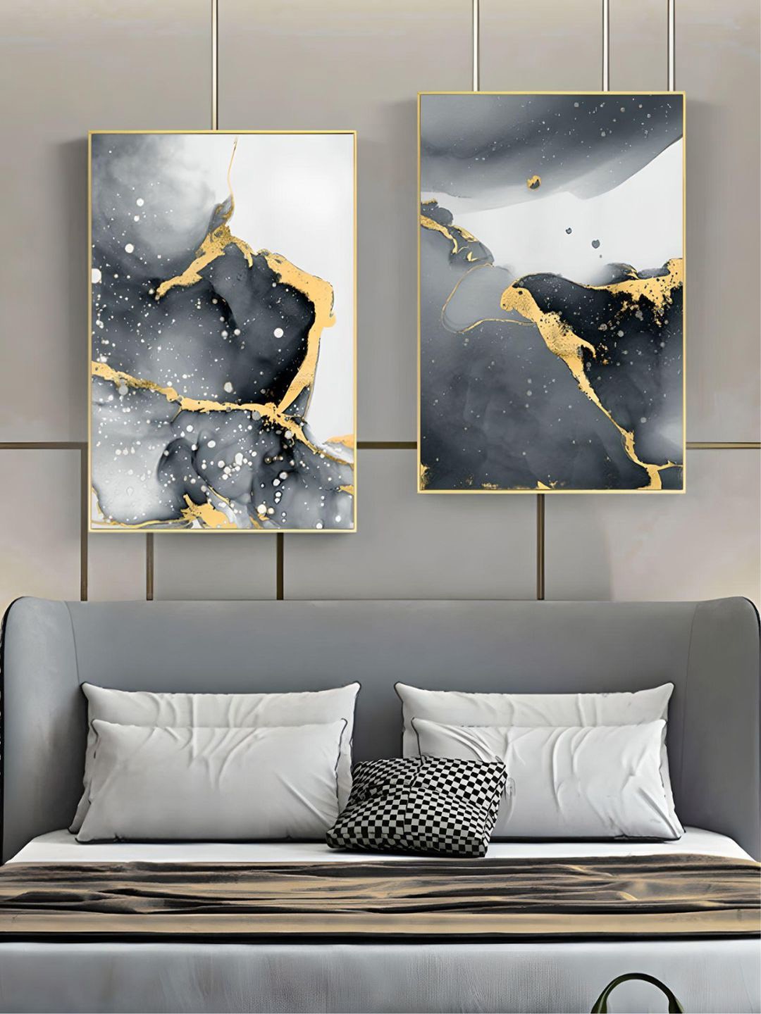 

THE HANDMADE FLAIR Grey & Beige 2-Pieces Marble Printed Framed Canvas Wall Art