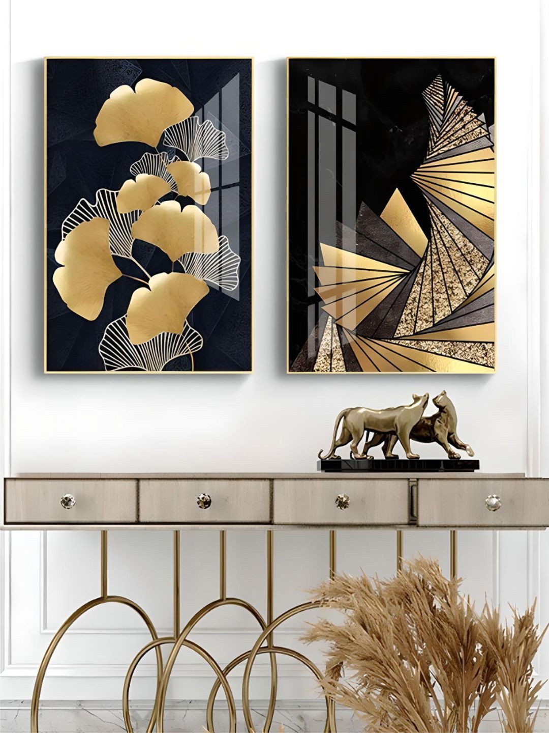 

THE HANDMADE FLAIR Black & Beige 2 Pieces Geometric Botanical Printed Wall Arts
