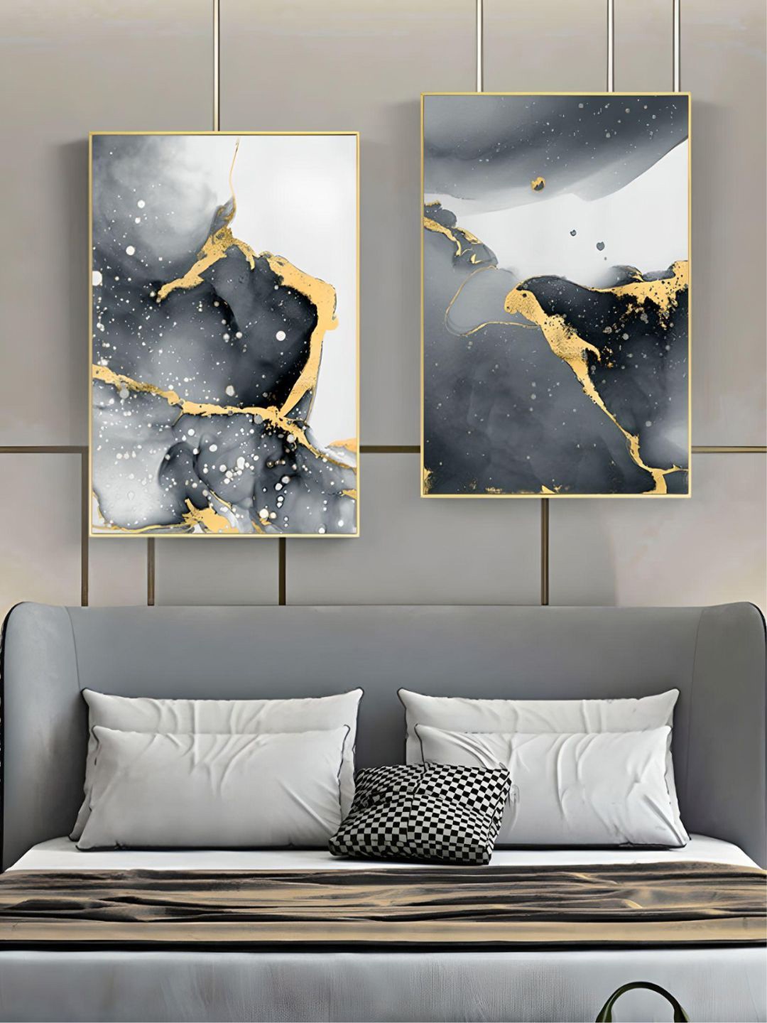 

THE HANDMADE FLAIR White & Black 2-Pieces Marble Modern Printed Framed Canvas Wall Art