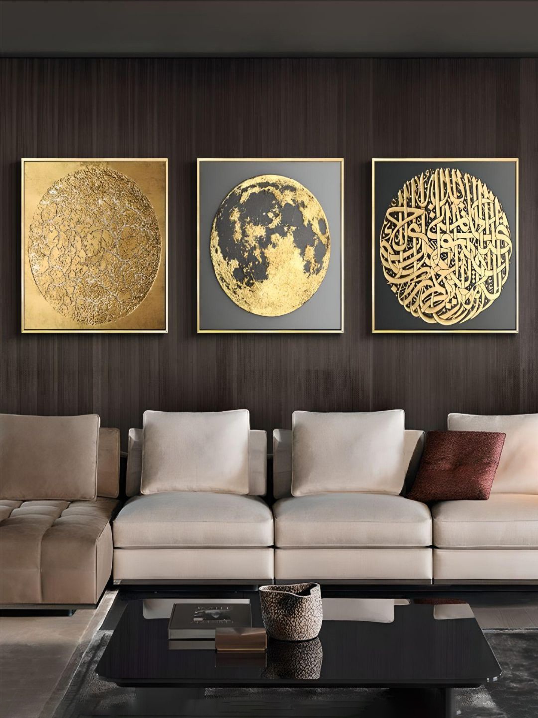 

THE HANDMADE FLAIR Black 3 Pieces Abstract-Printed Framed Wall Arts, Gold