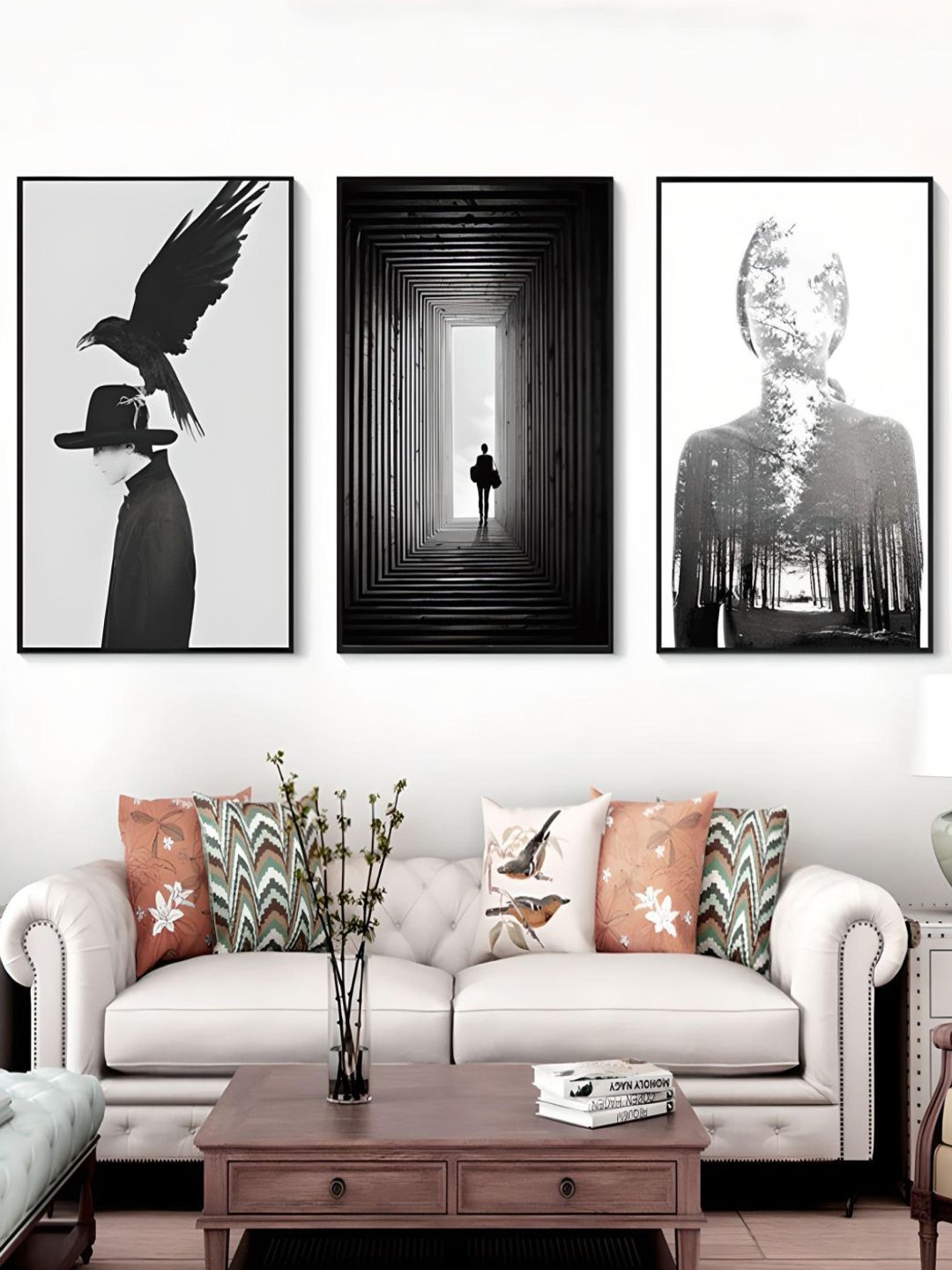 

THE HANDMADE FLAIR Black & White 3-Pieces Abstract Printed Framed Canvas Wall Art