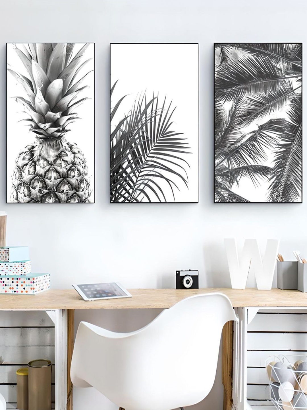 

THE HANDMADE FLAIR Off White 3 Pieces Palm Leaves Pineapple Wall Art