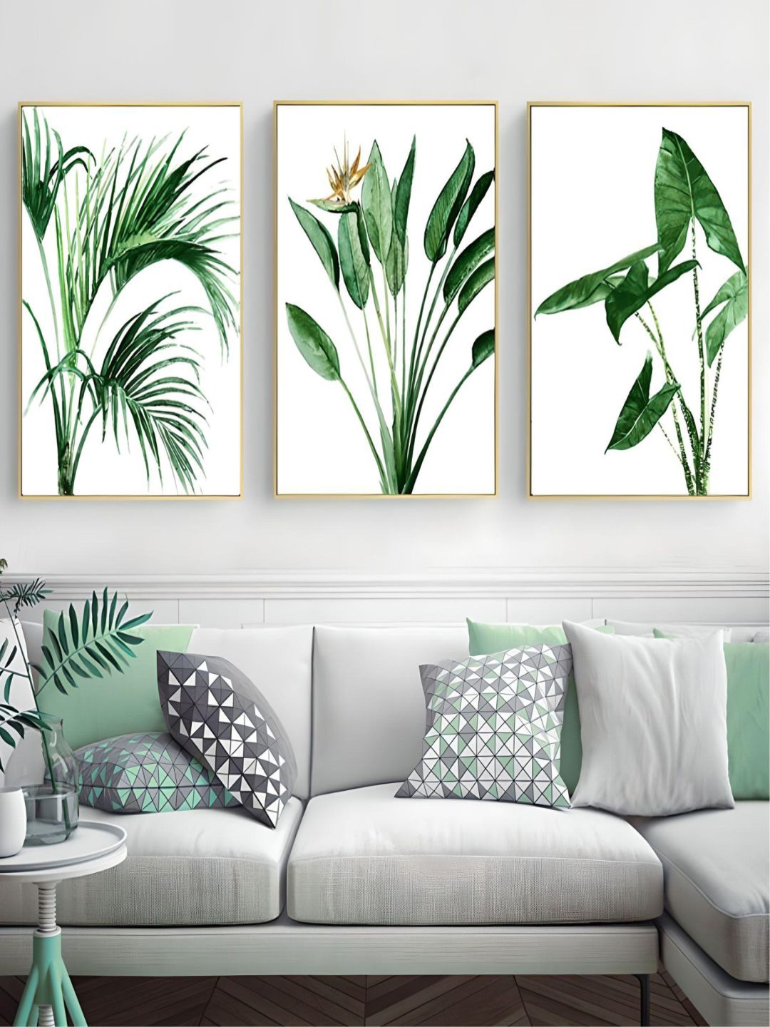 

THE HANDMADE FLAIR Green 3 Pieces Modern Scandinavian Leaves Printed Wall Arts