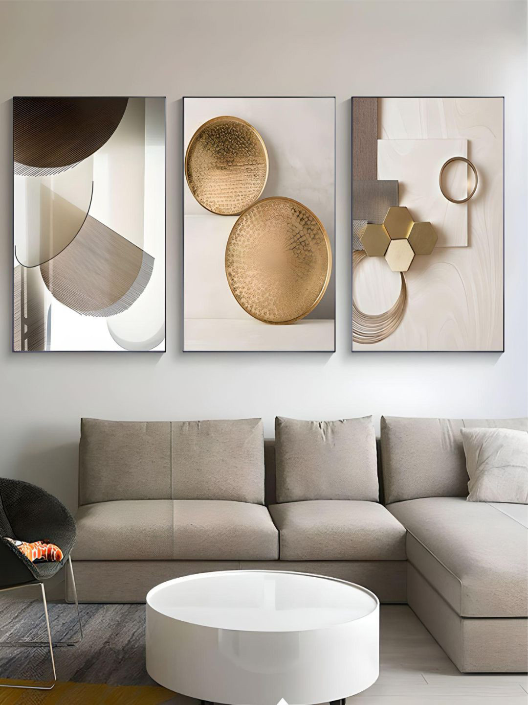 

THE HANDMADE FLAIR Yellow & Grey 3-Pieces Geometric Printed Framed Canvas Wall Art