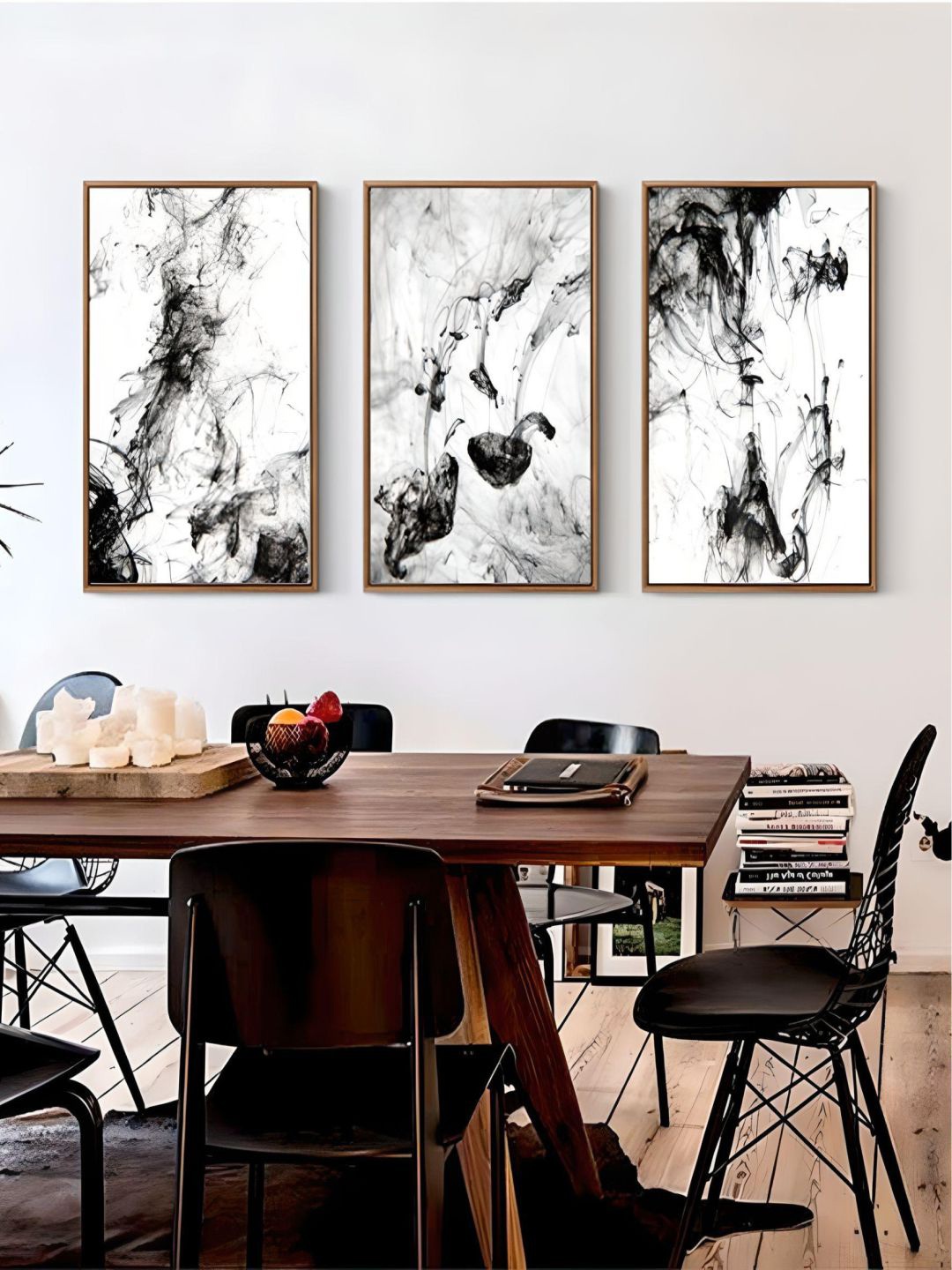 

THE HANDMADE FLAIR Black & White 3 Pieces Ink Abstract Wall Arts, Off white