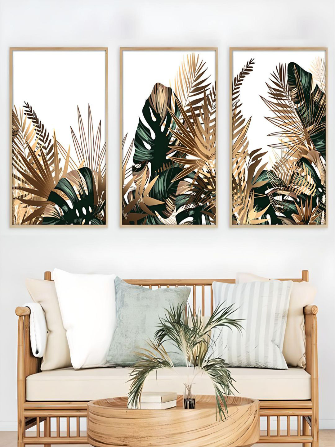 

THE HANDMADE FLAIR Green 3 Pieces Golden Leaves Wall Art, Brown