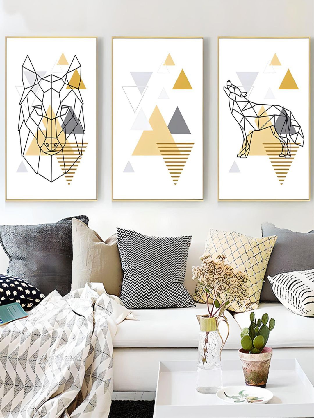 

THE HANDMADE FLAIR White & Yellow 3 Pieces Art Wild Forest Animals Printed Wall Arts