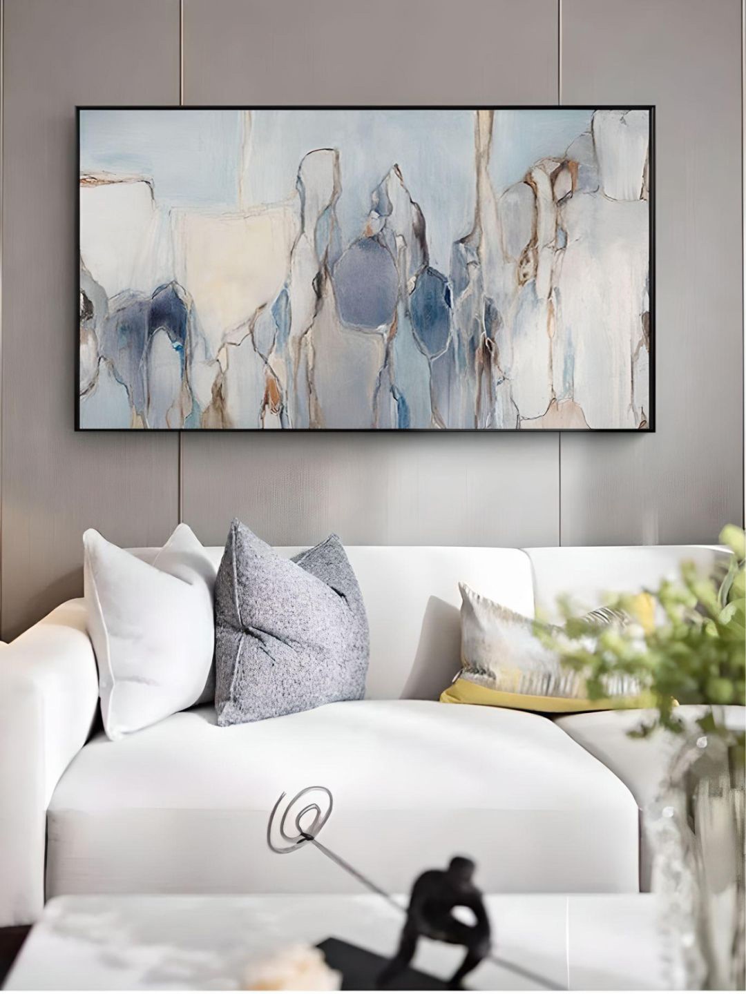 

THE HANDMADE FLAIR Blue & Black Abstract Living Room Wall Painting, Grey