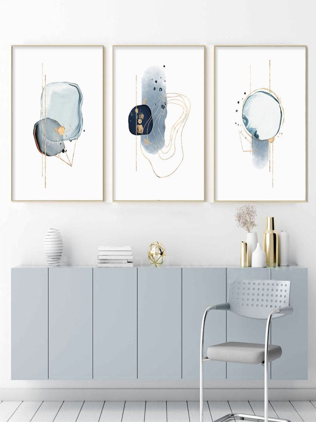 

THE HANDMADE FLAIR White & Grey 3 Pieces Shades Of Blue Biomorphic Wall Art