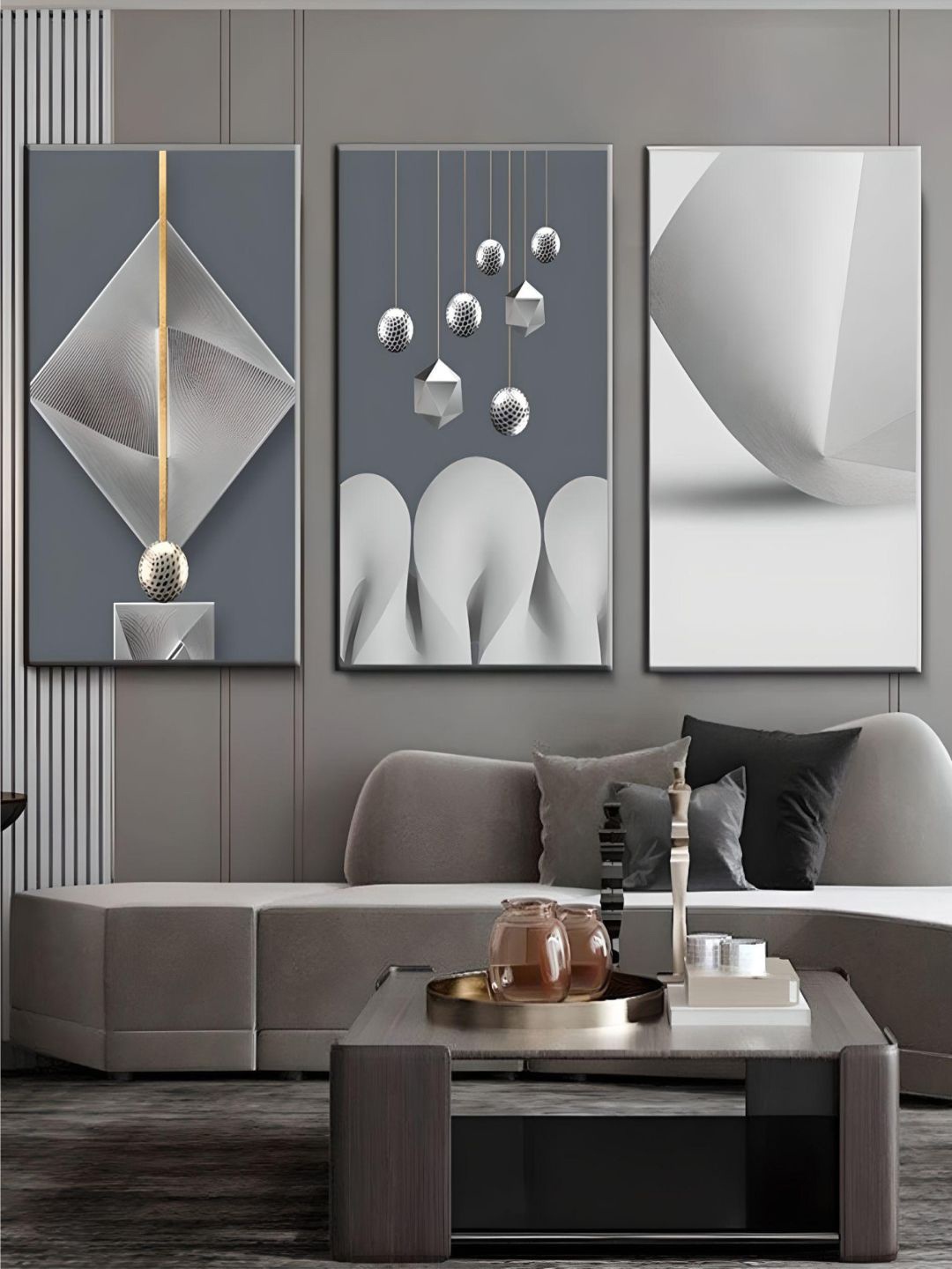 

THE HANDMADE FLAIR White & Grey 3-Pieces Aesthetics Printed Framed Canvas Wall Art