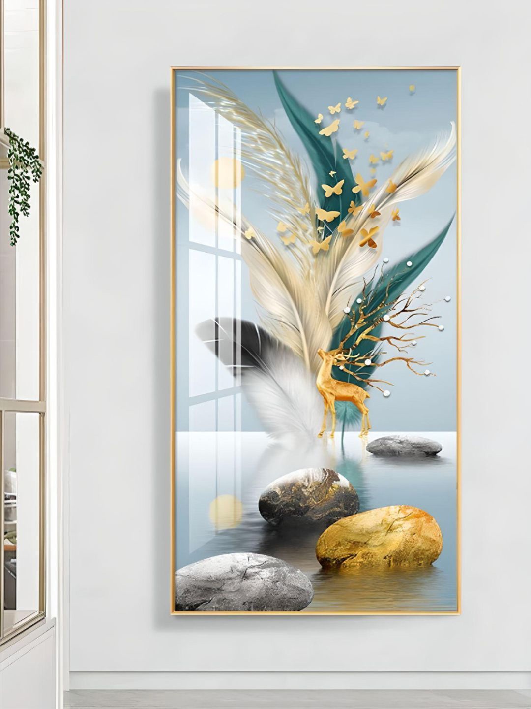 

THE HANDMADE FLAIR Yellow Mystical Deer Landscape Printed Framed Canvas Wall Art