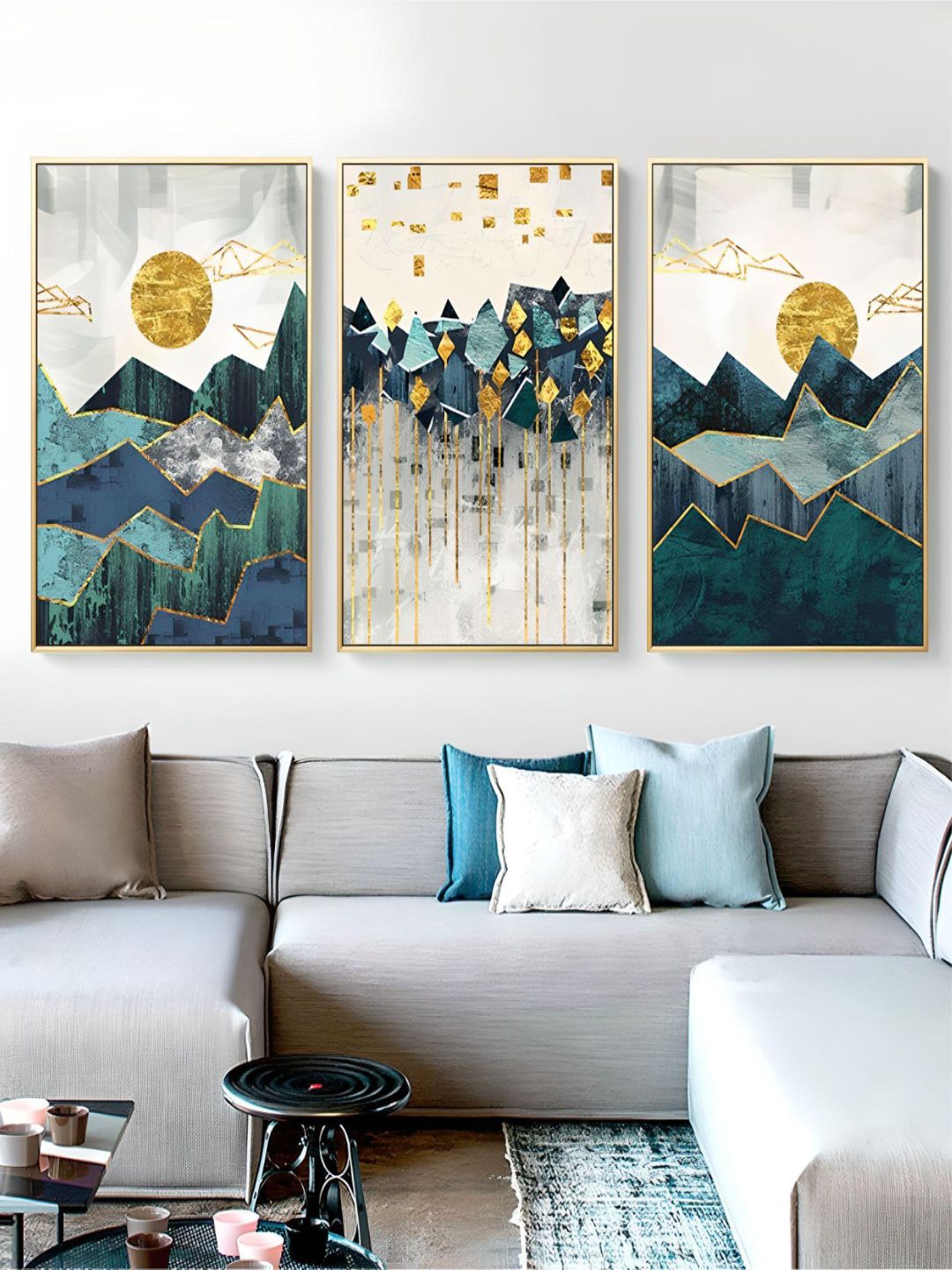 

THE HANDMADE FLAIR Blue 3-Pieces Mountain Landscape Printed Framed Canvas Wall Art