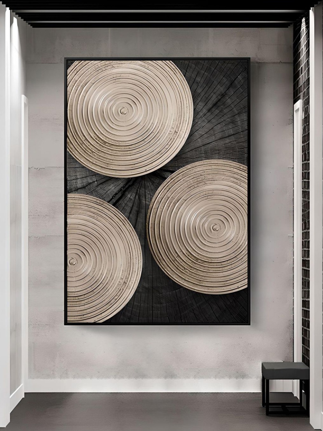 

THE HANDMADE FLAIR Khaki & Charcoal Wood Tree Rings Canvas Wall Art