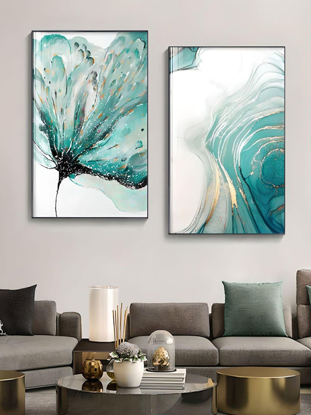 

THE HANDMADE FLAIR Blue 2 Pieces Botanical Floral Marble Prints Wall Arts