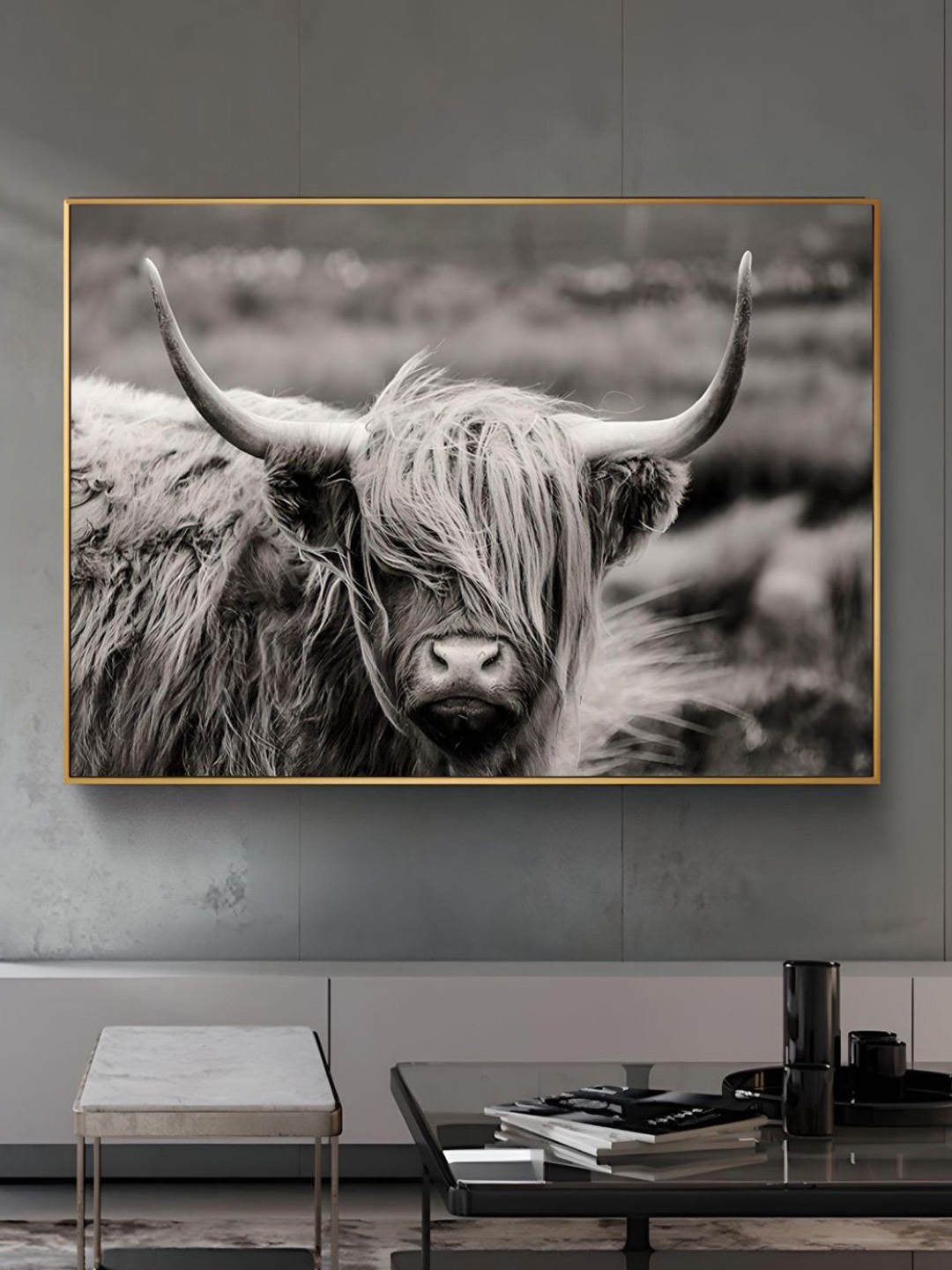 

THE HANDMADE FLAIR Grey Scottish Highland Cattle Printed Framed Canvas Wall Art