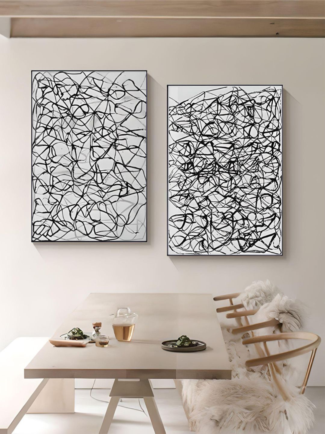 

THE HANDMADE FLAIR Black & Off White 2 Pieces Tangled Black Lines Abstract Framed Wall Art