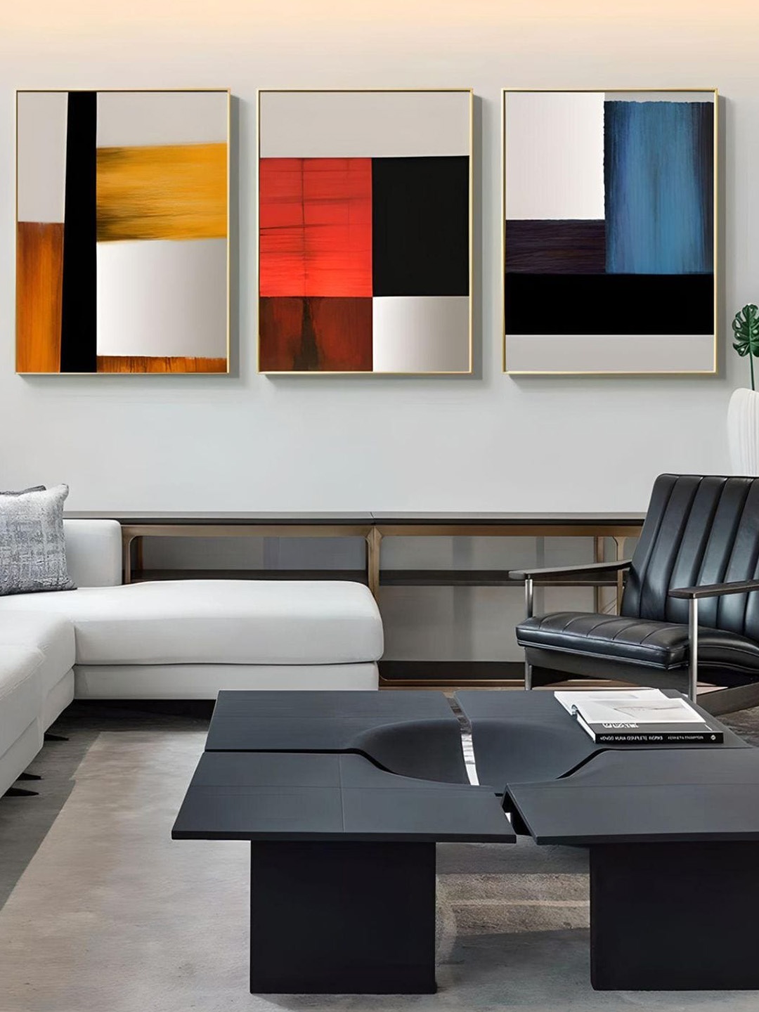 

THE HANDMADE FLAIR Black & White 3 Pieces Color Block Abstract Painting Wall Art
