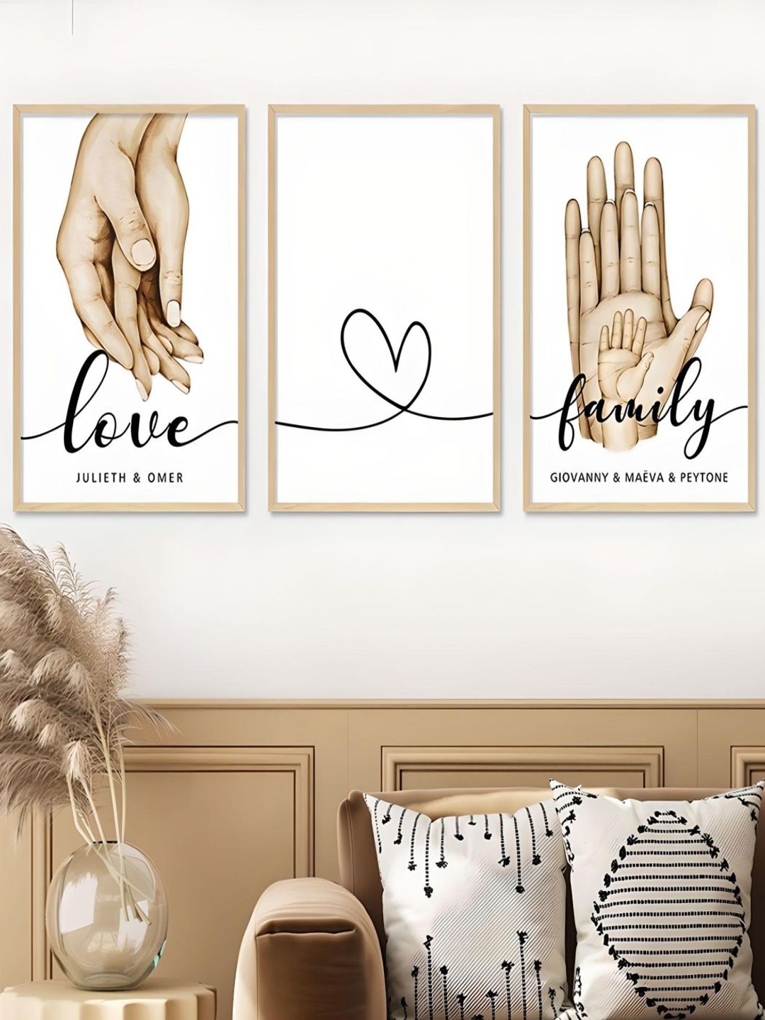 

THE HANDMADE FLAIR White 3 Pieces Family Hands Posters Love Canvas Painting Wall Arts, Off white