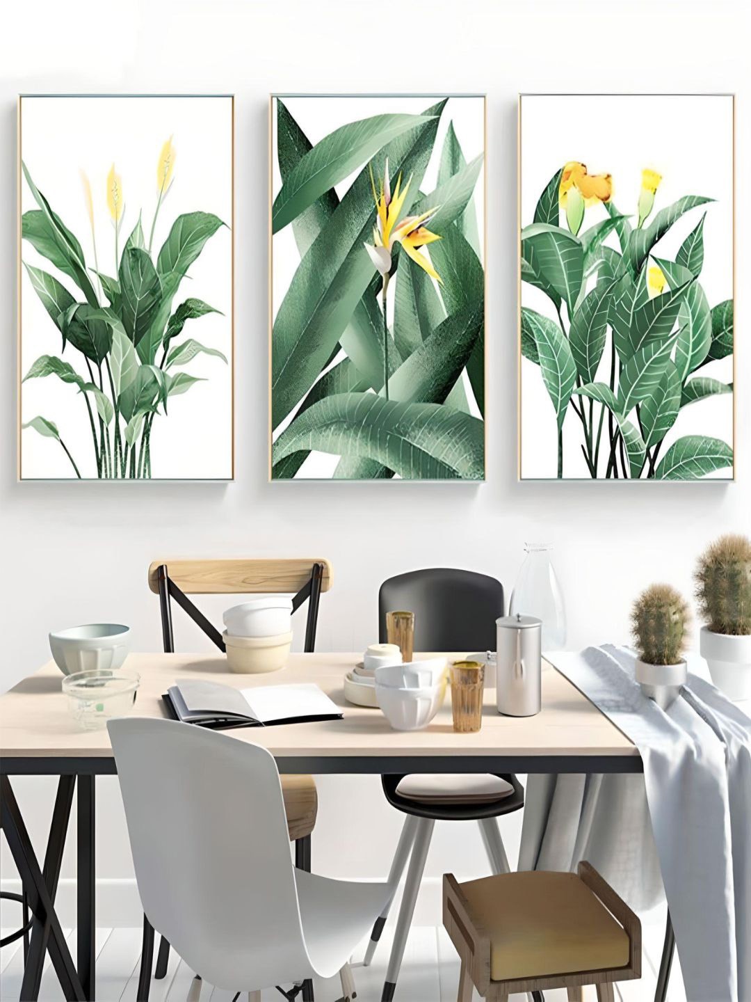 

THE HANDMADE FLAIR Green 3-Pieces Tropical Leaves Printed Framed Canvas Wall Art, Off white