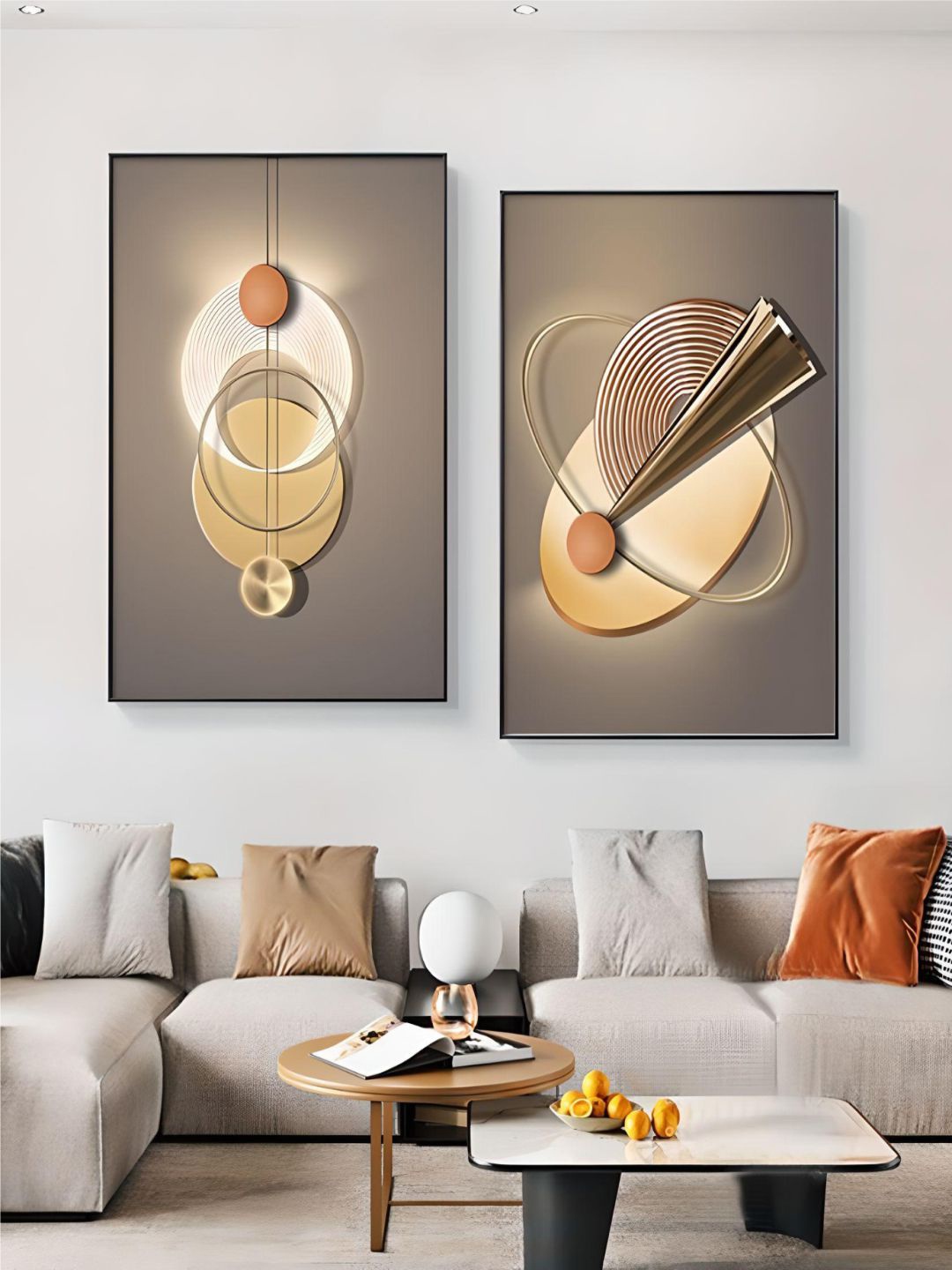 

THE HANDMADE FLAIR Grey & Gold Toned 2 Pieces Neutral Chic Aesthetics Sun Moon Wall Art