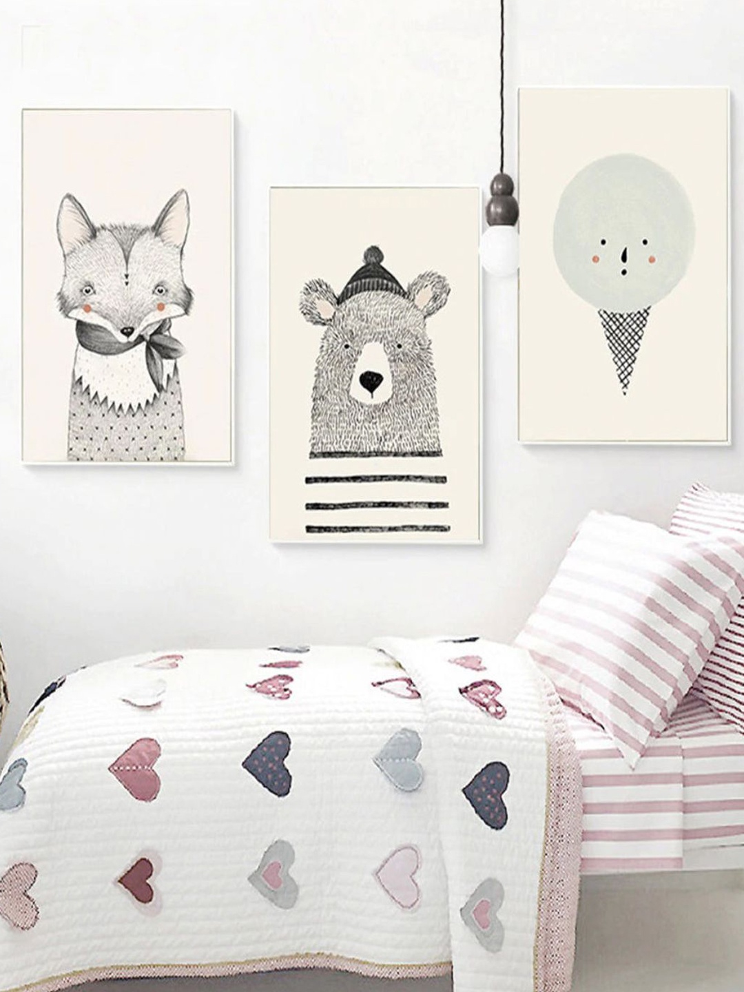

THE HANDMADE FLAIR Off White & Black 3 Pcs Woodland Animals Nursery Framed Wall Art